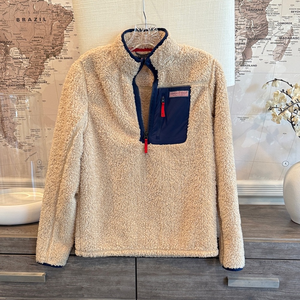Vineyard Vines Cream and Navy Sherpa Pullover